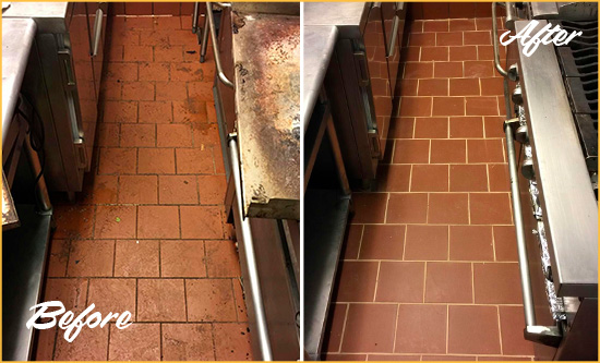 Before and After Picture of a Vancouver Restaurant Kitchen Tile and Grout Cleaned to Eliminate Dirt and Grease Build-Up
