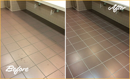 Before and After Picture of a Vancouver Restrooms Tile and Grout Cleaned to Remove Embedded Dirt