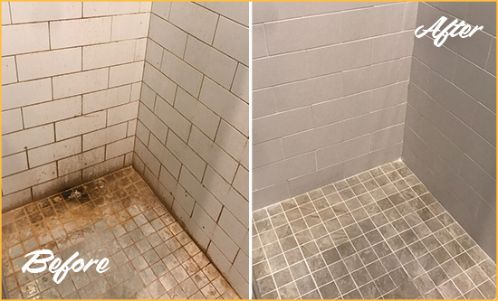 Before and After Picture of a Vancouver Shower Tile and Grout Cleaned to Eliminate Mold and Stains
