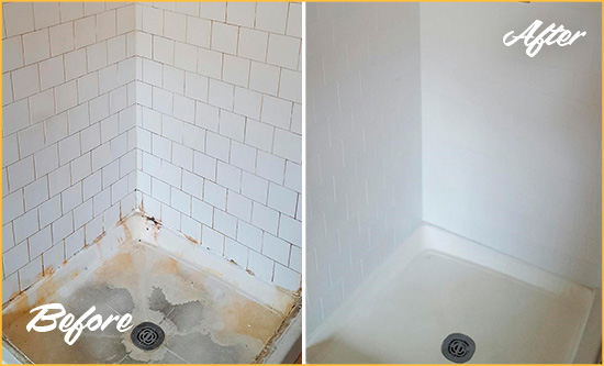 Before and After Picture of a Vancouver Shower Tile and Grout Cleaned to Remove Soap Scum