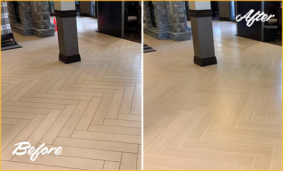 Before and After Picture of a Vancouver Office Floor Tile and Grout Cleaned to Remove Stains