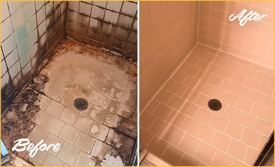 Before and After Picture of a Vancouver Shower Tile and Grout Cleaned to Repair Water Damage