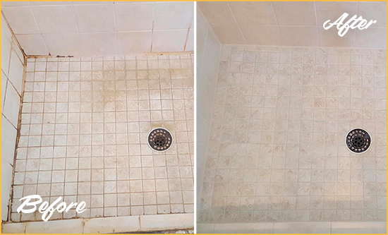 Sir Grout Caulks this Troutdale Shower to Fix Cracks Before and After Picture of a Troutdale Shower Caulked to Fix Cracks