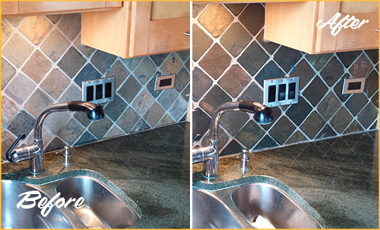 Sir Grout Caulks this Troutdale Backsplash Caulked to Fix and Prevent Water Leaks Before and After Picture of a Troutdale Backsplash Caulked to Fix and Prevent Water Leaks