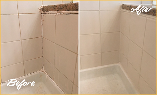 Sir Grout Caulks this Troutdale Shower Caulked to Repair Damaged Caulking Before and After Picture of a Troutdale Shower Caulked to Repair Damaged Caulking