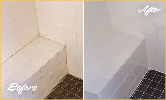 Sir Grout Caulks this Troutdale Shower Seat Caulked to Protect Against Mold and Mildew Growth Before and After Picture of a Troutdale Shower Seat Caulked to Protect Against Mold and Mildew Growth