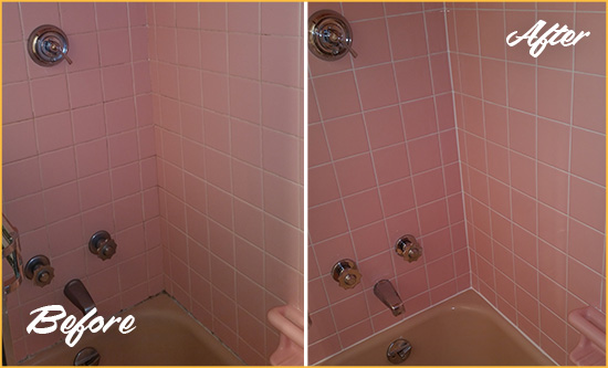 Sir Grout Caulks this Troutdale Bathtub to Eliminate Mold Before and After Picture of a Troutdale Bathtub Caulked to Eliminate Mold