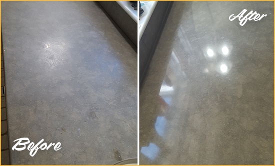 Before and After Picture of a Dull Troutdale Limestone Countertop Polished to Recover Its Color