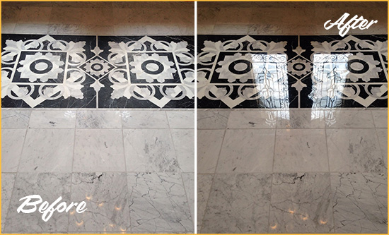 Sir Grout Polishes this Troutdale Marble Stone Floor to a Mirror Shine Before and After Picture of a Troutdale Marble Stone Floor Polished to a Mirror Shine