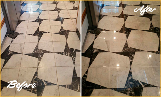 Sir Grout Polishes this Dull Troutdale Marble Stone Floor To Recover Its Luster Before and After Picture of a Dull Troutdale Marble Stone Floor Polished To Recover Its Luster