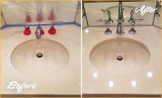 Sir Grout Polishes this Dull Troutdale Marble Stone Vanity Top to Bring-Back Its Sheen Before and After Picture of a Dull Troutdale Marble Stone Vanity Top Polished to Bring-Back Its Sheen