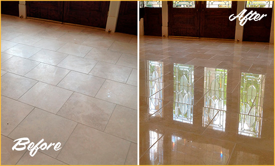 Sir Grout Polishes this Dull Troutdale Travertine Stone Floor to Recover Its Gloss Before and After Picture of a Dull Troutdale Travertine Stone Floor Polished to Recover Its Gloss