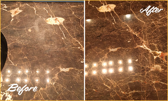 Before and After Picture of a Troutdale Marble Stone Countertop Polished to Eliminate Stains