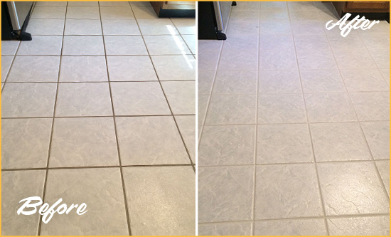 Before and After Picture of a Heisson Kitchen Ceramic Floor Sealed to Protect From Dirt and Spills