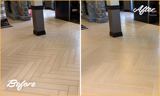 Before and After Picture of a Dirty Heisson Ceramic Office Lobby Sealed For Extra Protection Against Heavy Foot Traffic