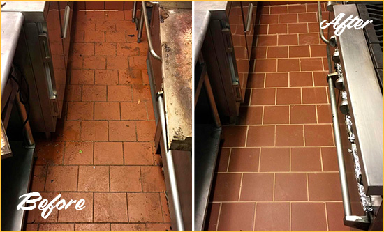 Before and After Picture of a Heisson Restaurant Kitchen Floor Sealed to Remove Soil