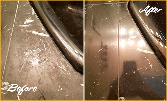 Before and After Picture of a Gresham Marble Countertop Cleaned to Remove Deep Dirt