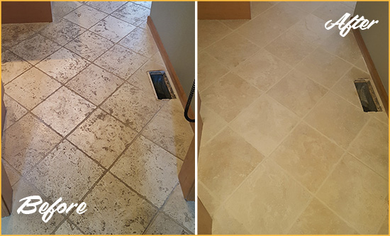 Before and After Picture of a Gresham Kitchen Marble Floor Cleaned to Remove Embedded Dirt