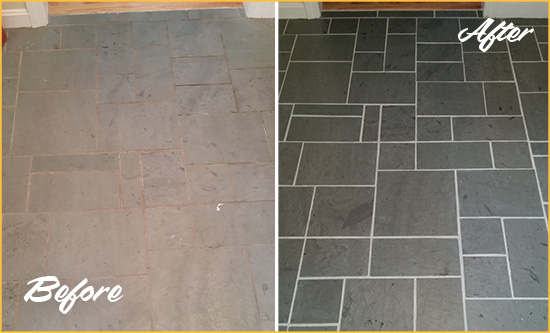 Before and After Picture of a Gresham Slate Floor Cleaned to Remove Deep-Seated Dirt