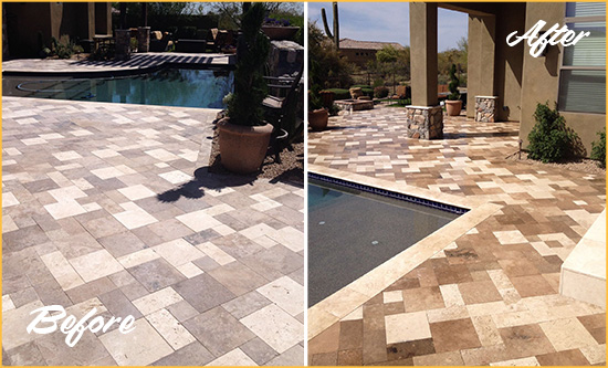 Sir Grout Cleans this Dull Camas Travertine Pool Deck to Recover Its Original Colors Before and After Picture of a Dull Camas Travertine Pool Deck Cleaned to Recover Its Original Colors