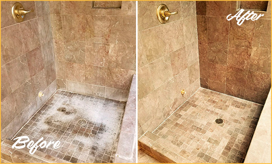 Sir Grout Cleans this Camas Travertine Shower to Eliminate Water Spots Before and After Picture of a Camas Travertine Shower Cleaned to Eliminate Water Spots