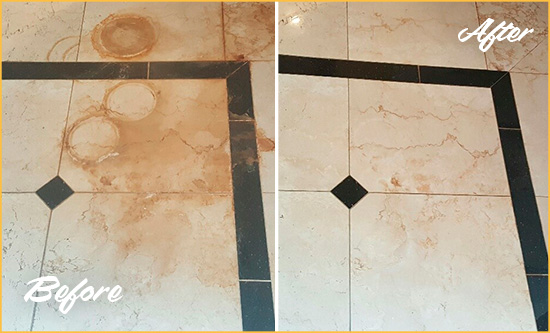 Before and After Picture of a Gresham Marble Floor Cleaned to Eliminate Rust Stains