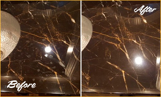 Sir Grout Cleans this Camas Marble Countertop to Remove Water Spots Before and After Picture of a Camas Marble Countertop Cleaned to Remove Water Spots