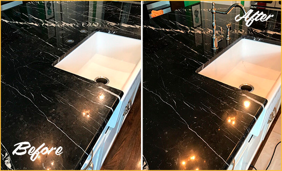 Before and After Picture of a La Center Marble Kitchen Countertop Stone Sealed to Avoid Water Damage