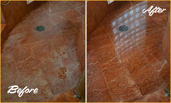 Before and After Picture of Damaged La Center Marble Floor with Sealed Stone