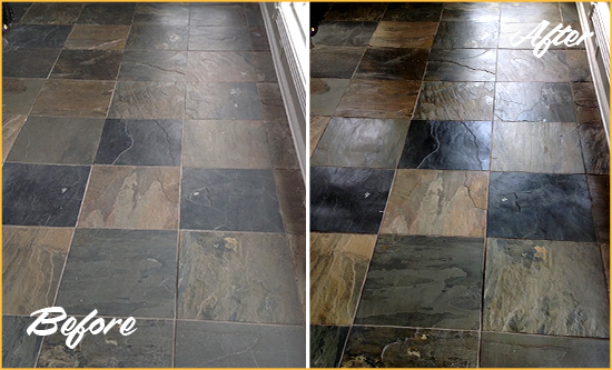 Before and After Picture of a La Center Slate Stone Floor Sealed to Eliminate Dullness