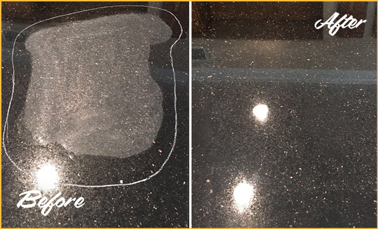Sir Grout Hones this Gresham Granite Kitchen Countertop to Eliminate Scratch Before and After Picture of a Gresham Granite Kitchen Countertop Honed to Eliminate Scratch