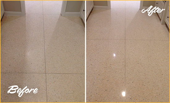 Sir Grout Hones this Dull Gresham Granite Floor to Recover Its Sheen Before and After Picture of a Dull Gresham Granite Floor Honed to Recover Its Sheen