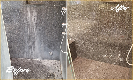 Before and After Picture of a Gresham Granite Shower Honed to Remove Soap Scum