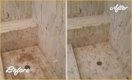 Before and After Picture of a Gresham Marble Shower Honed to Remove Dark Stains