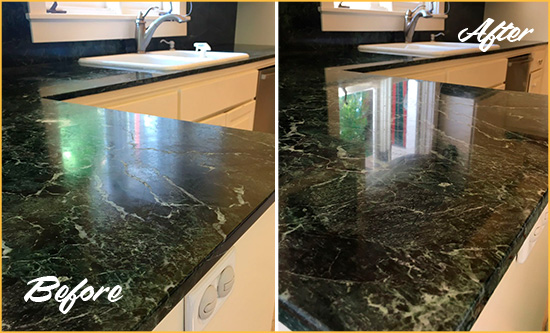 Sir Grout Hones this Gresham Marble Kitchen Countertop to Remove Water Marks Before and After Picture of a Gresham Marble Kitchen Countertop Honed to Remove Water Marks