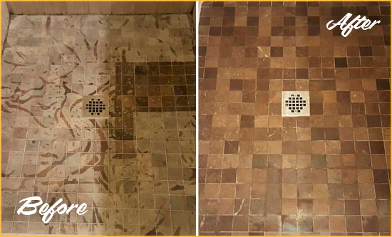 Sir Grout Hones this Gresham Marble Shower to Remove Etching Before and After Picture of a Gresham Marble Shower Honed to Remove Etching