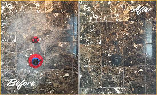 Before and After Picture of a Gresham Marble Shower Honed to Remove Scratches