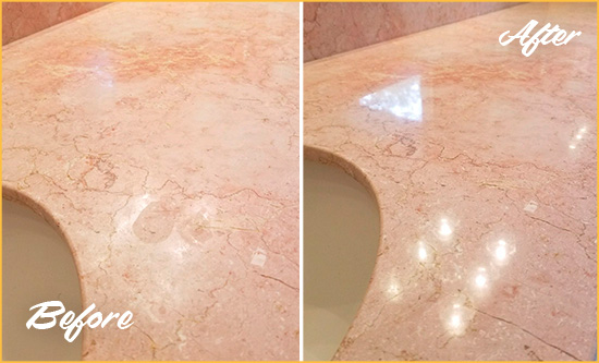 Sir Grout Hones this Gresham Marble Vanity Top to Eliminate Water Spots Before and After Picture of a Gresham Marble Vanity Top Honed to Eliminate Water Spots