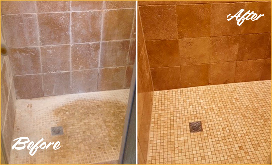 Before and After Picture of a Gresham Travertine Shower Honed to Remove Mineral Deposits