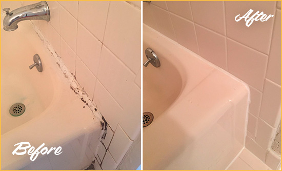 Before and After Picture of a Ridgefield Hard Surface Restoration Service on a Tile Shower to Repair Damaged Caulking