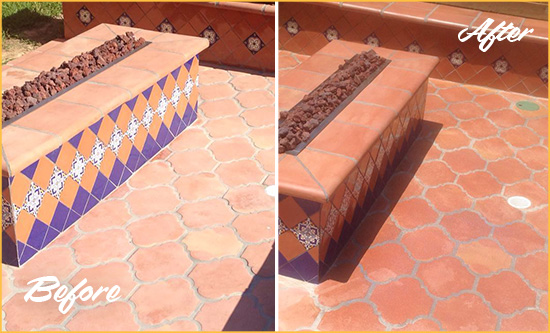 Before and After Picture of a Ridgefield Hard Surface Restoration Service on a Dull Terracotta Patio Floor to Recover Its Color