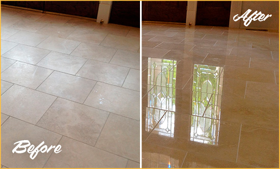 Before and After Picture of a Ridgefield Hard Surface Restoration Service on a Dull Travertine Floor Polished to Recover Its Splendor