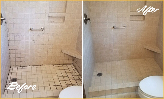Before and After Picture of a Amboy Shower Grout Cleaned to Remove Mold