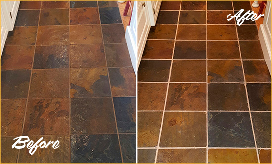 Before and After Picture of Amboy Slate Floor Grout Cleaned to Remove Dirt