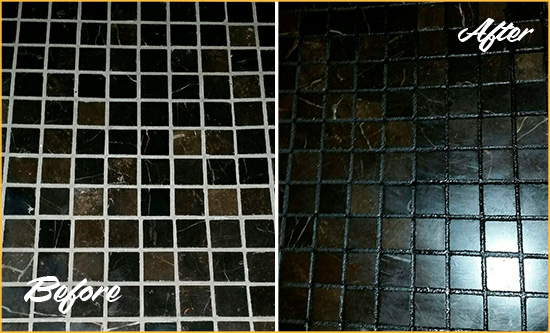Before and After Picture of a Yacolt Black Floor with Recolored Grout