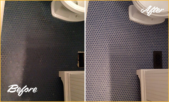 Before and After Picture of a Yacolt Blue Tile Floor Recolored Grout