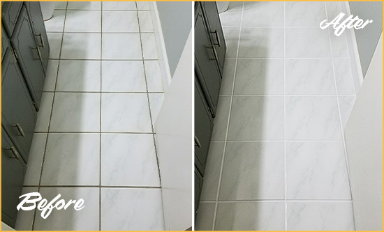 Before and After Picture of a Vancouver Bathroom Floor Grout Sealed to Remove Grime