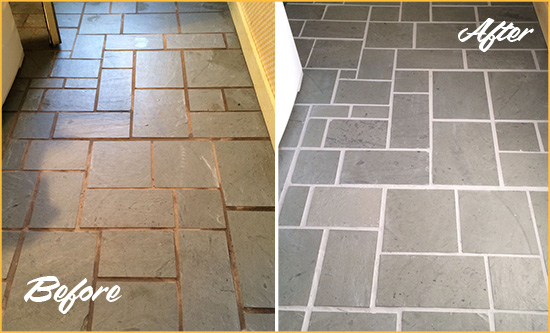 Before and After Picture of Damaged Vancouver Slate Floor with Sealed Grout