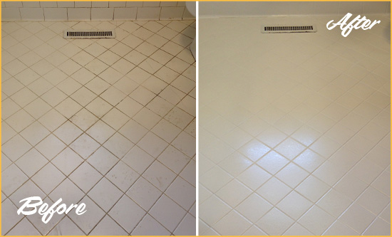 Before and After Picture of a Vancouver White Bathroom Floor Grout Sealed for Extra Protection