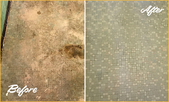 Before and After Picture of a Troutdale Mosaic Shower Cleaned to Eliminate Embedded Dirt